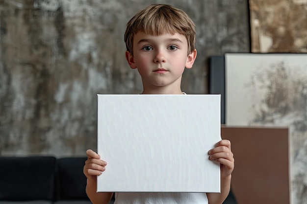 Young boy holding empty canvas