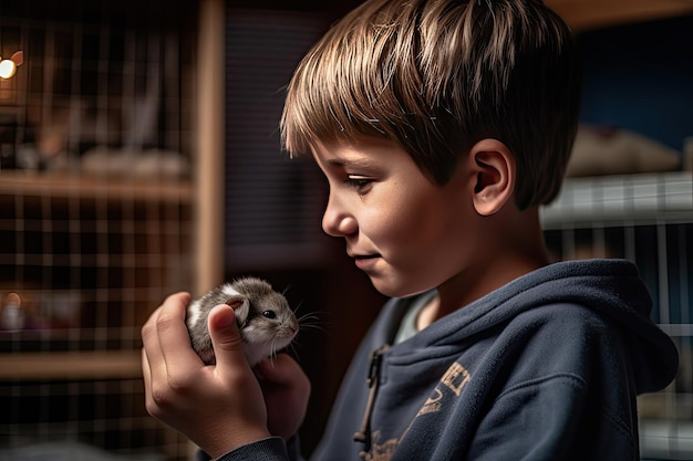 A young boy holding a hamster in his hand Generative Ai