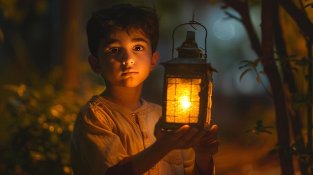 Photo a young boy holding a lantern in the dark