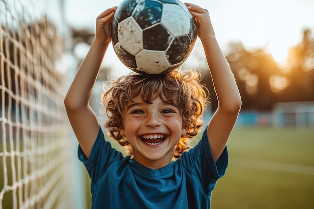 Young Boy Holding Soccer Ball Over His Head