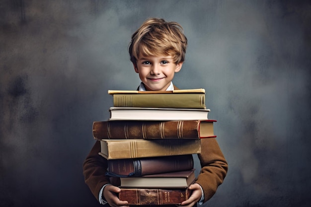 Young boy holding stack of books in front of gray background Generative AI