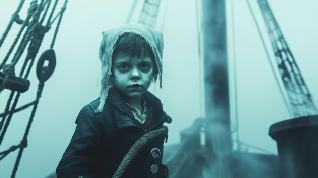 A Young Boy in a Hooded Jacket Stands on a Foggy Ship