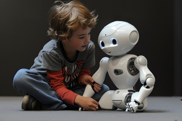 A young boy interacts with a small humanoid robot showcasing humanrobot interaction in a casual setting