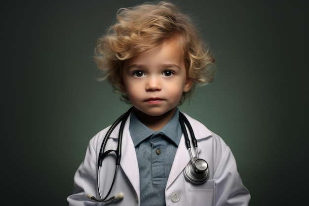 A young boy is dressed in a lab coat and wears a stethoscope around his neck This image can be used to represent a child interested in science or aspiring to be a doctor