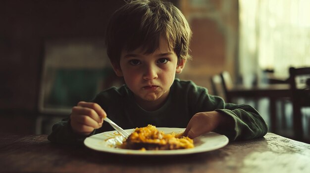 Photo a young boy is eating a plate of food with his mouth open