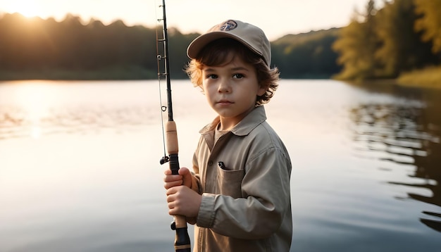 a young boy is fishing on a lake with a sunset in the background