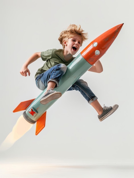 a young boy is flying on a rocket