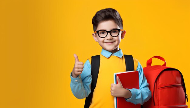 A Young Boy Is Holding Up His Backpack and Points His Finger