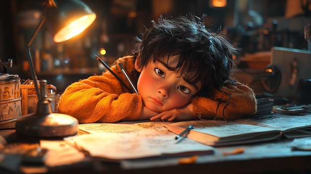 a young boy is laying on a desk with a pen and paper