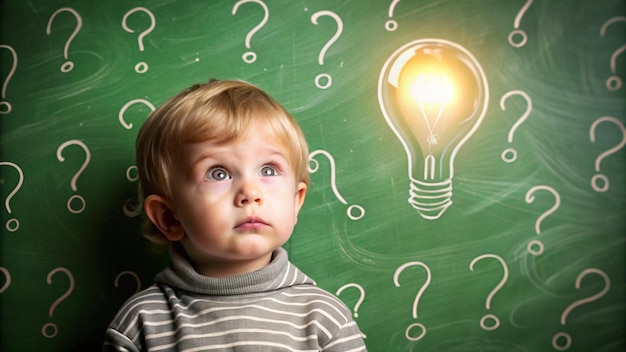 a young boy is looking at a light bulb on a chalkboard