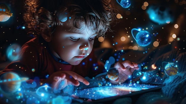 Photo a young boy is looking at a tablet with a blue screen and a galaxy of planets