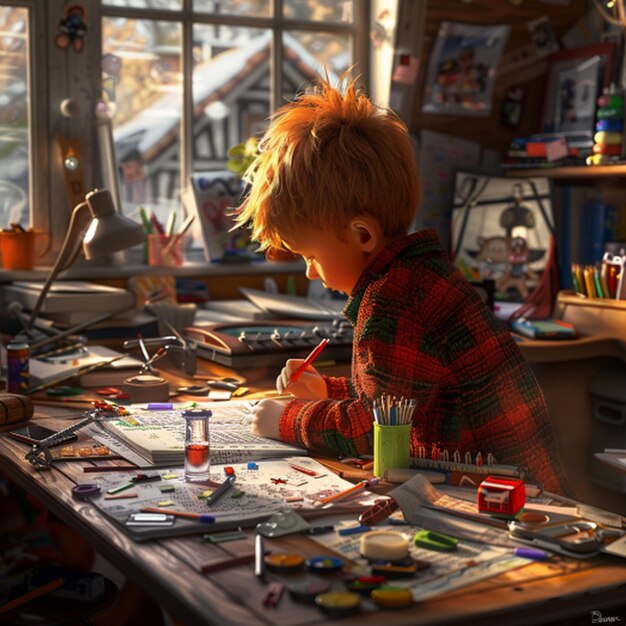 a young boy is painting on a table with a paint brush