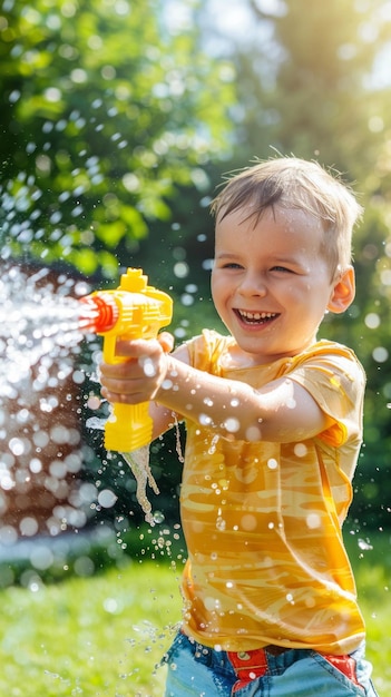 A young boy is playing with a water gun in a park