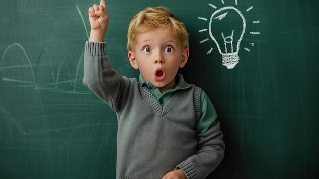 Photo a young boy is pointing at a light bulb on a chalkboard