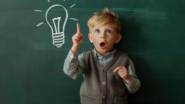 Photo a young boy is pointing at a light bulb on a chalkboard