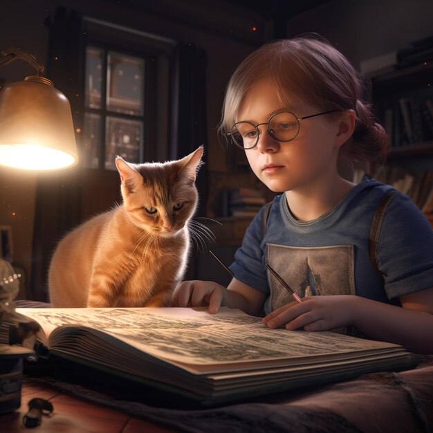 A young boy is reading a book with a cat on the cover.