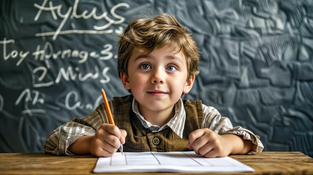 A young boy is sitting at a desk with a pencil and a piece of paper