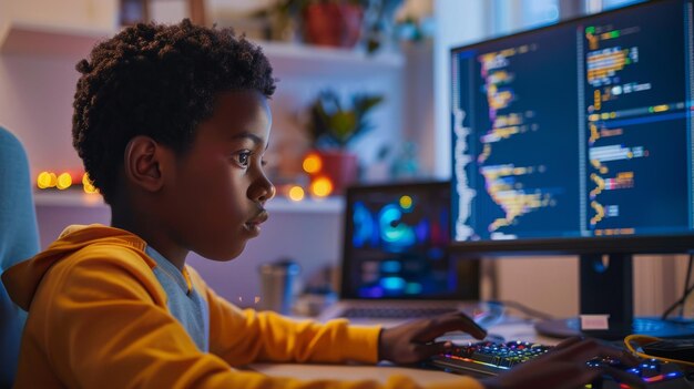 A young boy is sitting in front of a computer screen engaged in digital activities