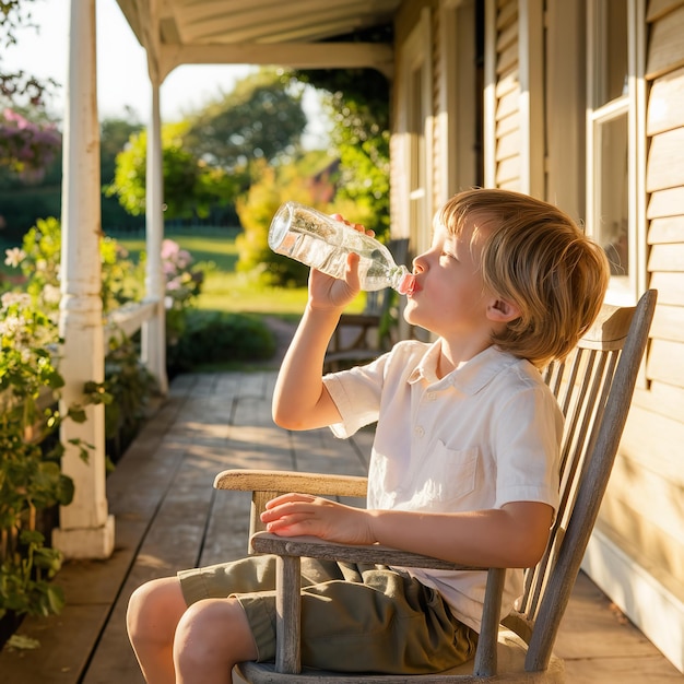 Photo a young boy is sitting on a porch with a bottle of milk