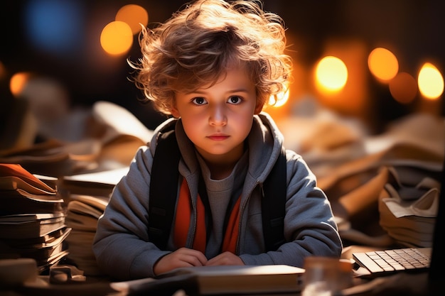 Young boy is sitting at table with book in his hands Generative AI