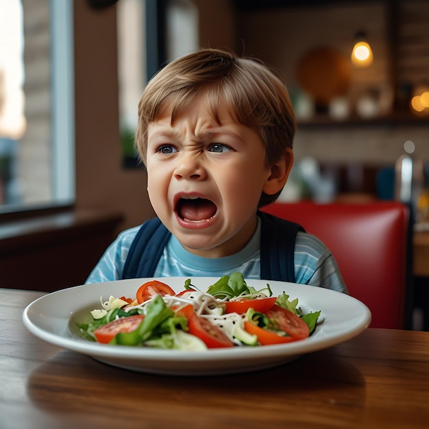 a young boy is sitting at a table with a plate of salad and a plate of tomatoes