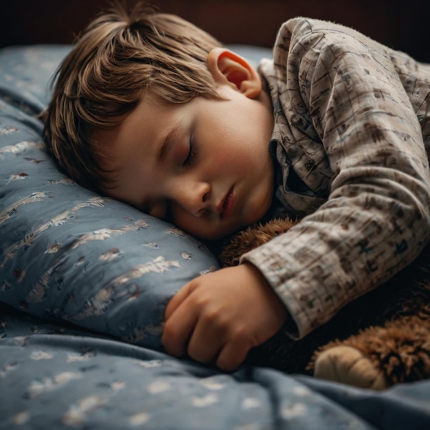 Photo a young boy is sleeping on a bed with a blue comforter