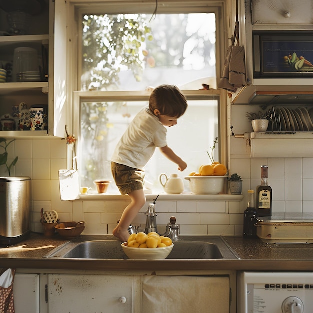 a young boy is standing in a kitchen with a bowl of fruit