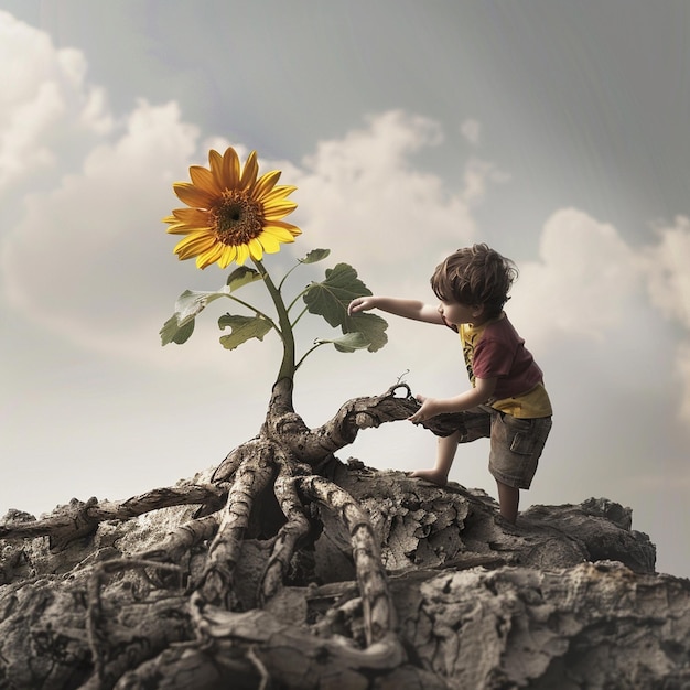 Photo a young boy is standing on a rock and looking at a sunflower