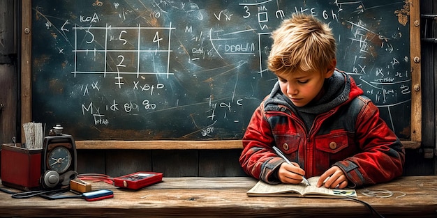 Photo young boy is writing on book in front of chalkboard