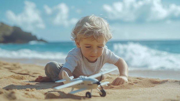 A Young Boy Joyfully Engaging with a Toy Plane on a Sandy Beach During a Sunny Day