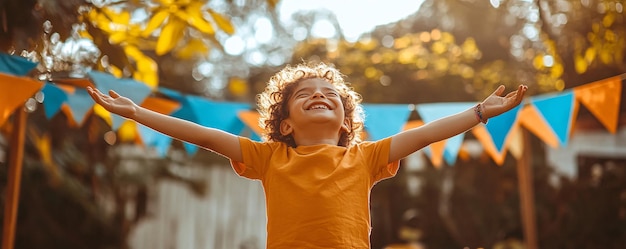 Young boy joyfully raises his arms in celebration outdoors