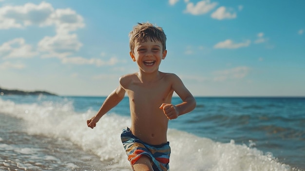 A young boy joyfully running along the beach as the waves crash around him capturing the essence of childhood freedom and happiness