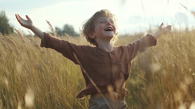 Photo a young boy joyfully running through a meadow of tall grass surrounded by natures beauty