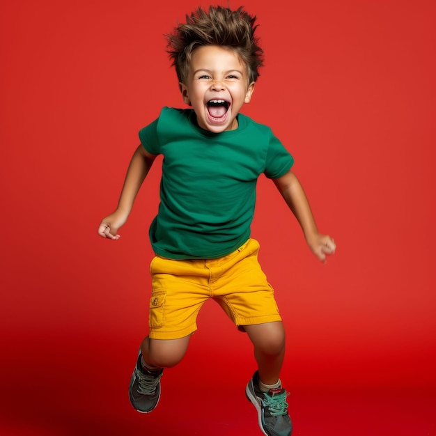 Young Boy Jumping With Mouth Open