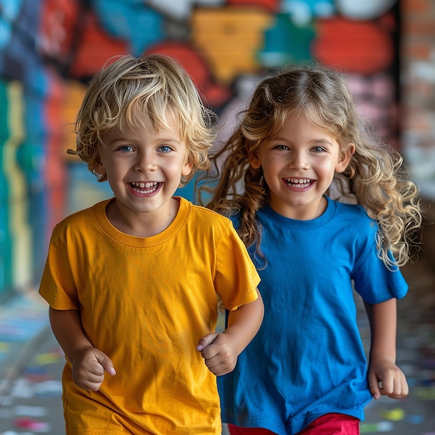 Young Boy Kid and Girl Model Cheerful Playing and Running