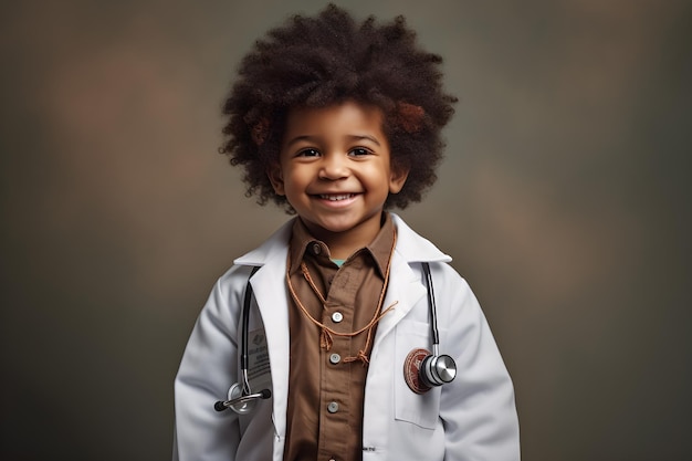 A young boy in a lab coat with a stethoscope on his neck stands in front of a gray background.