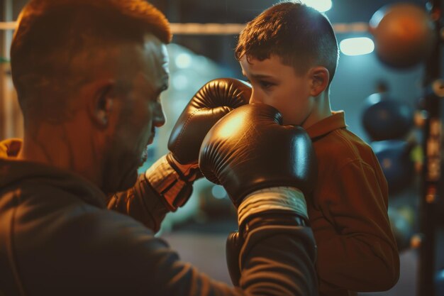 Photo young boy learning boxing techniques with coach in a modern gym perfect for sports training posters