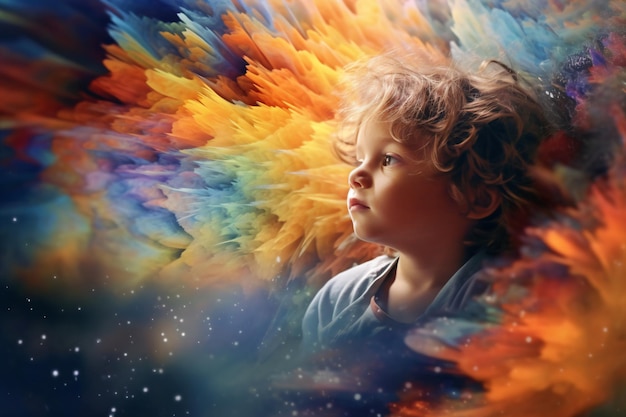 a young boy looking up at a colorful painting generative ai