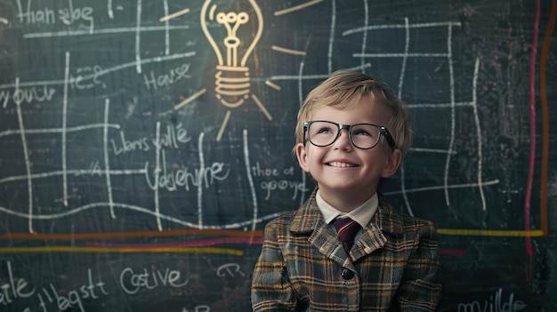 Young Boy Looking Up with a Blackboard Behind Him