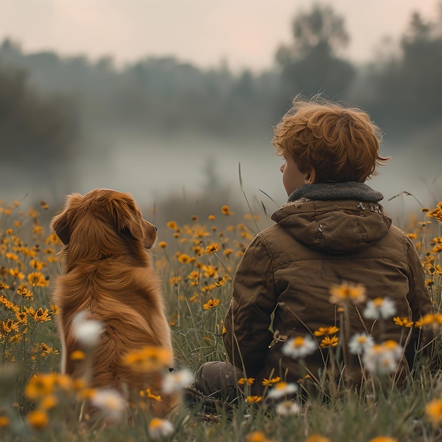 Young boy and loyal dog sitting together in a blooming meadow friendship and nature theme peaceful outdoor setting generative AI