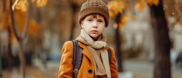 Photo a young boy in a mustard yellow coat and hat accessorized with a scarf looks solemnly into the distance on a crisp autumn day