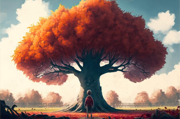 Young boy near the tree Young boy looking at the giant autumn tree at the horizon Digital art style illustration painting