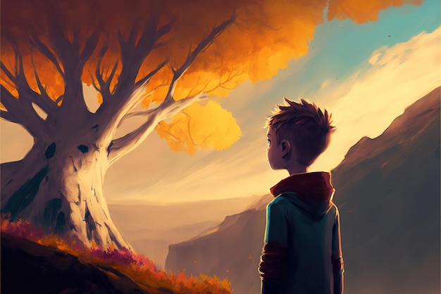 Young boy near the tree Young boy looking at the giant autumn tree at the horizon Digital art style illustration painting