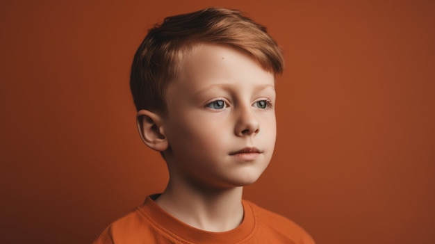 A young boy in an orange shirt with a red shirt on.