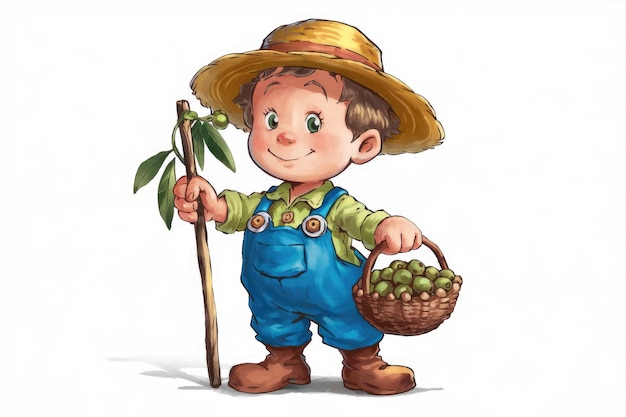 A young boy in overalls and a straw hat holds a stick and a basket of green fruit