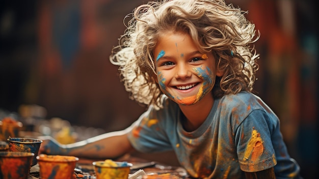 a young boy painting with paint on his hands and face while grinning