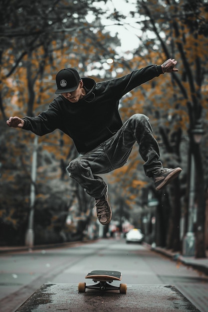 Photo young boy performing tricks with the skateboard in city