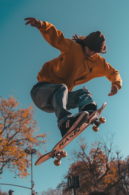 Young boy performing tricks with the skateboard in city