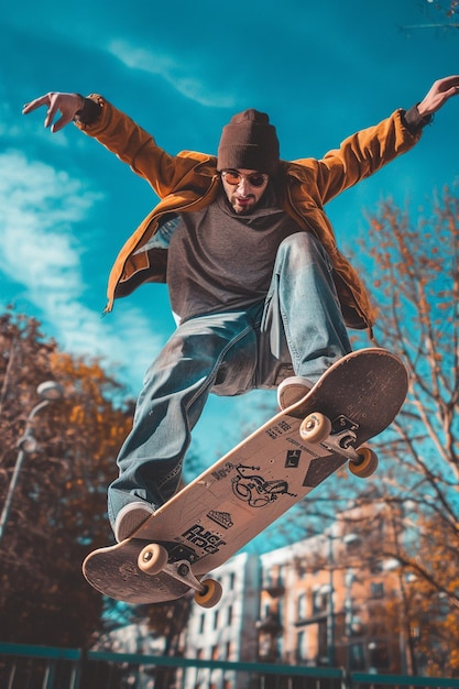 Young boy performing tricks with the skateboard in city