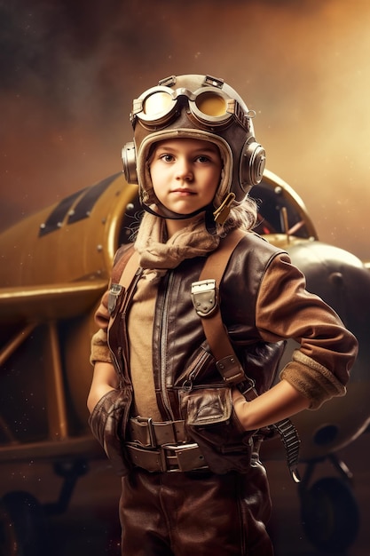 A young boy in a pilot's outfit standing in front of an airplane Generative AI image